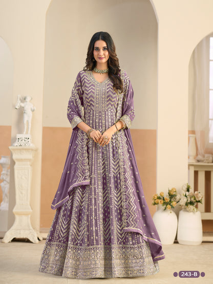 Pastle Purple Pure Soft Faux Georgette Heavy Embroidery Work Long Anarkali Gown 
