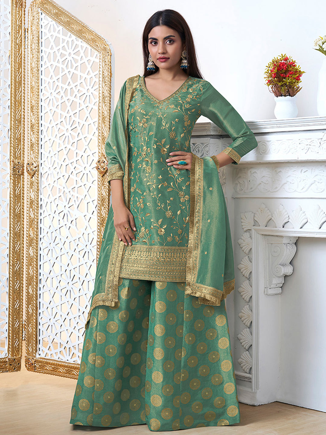 Ethnic wear green sharara suit for wedding and festive occasions