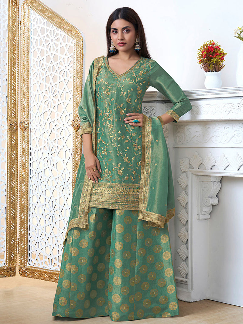 Ethnic wear green sharara suit for wedding and festive occasions