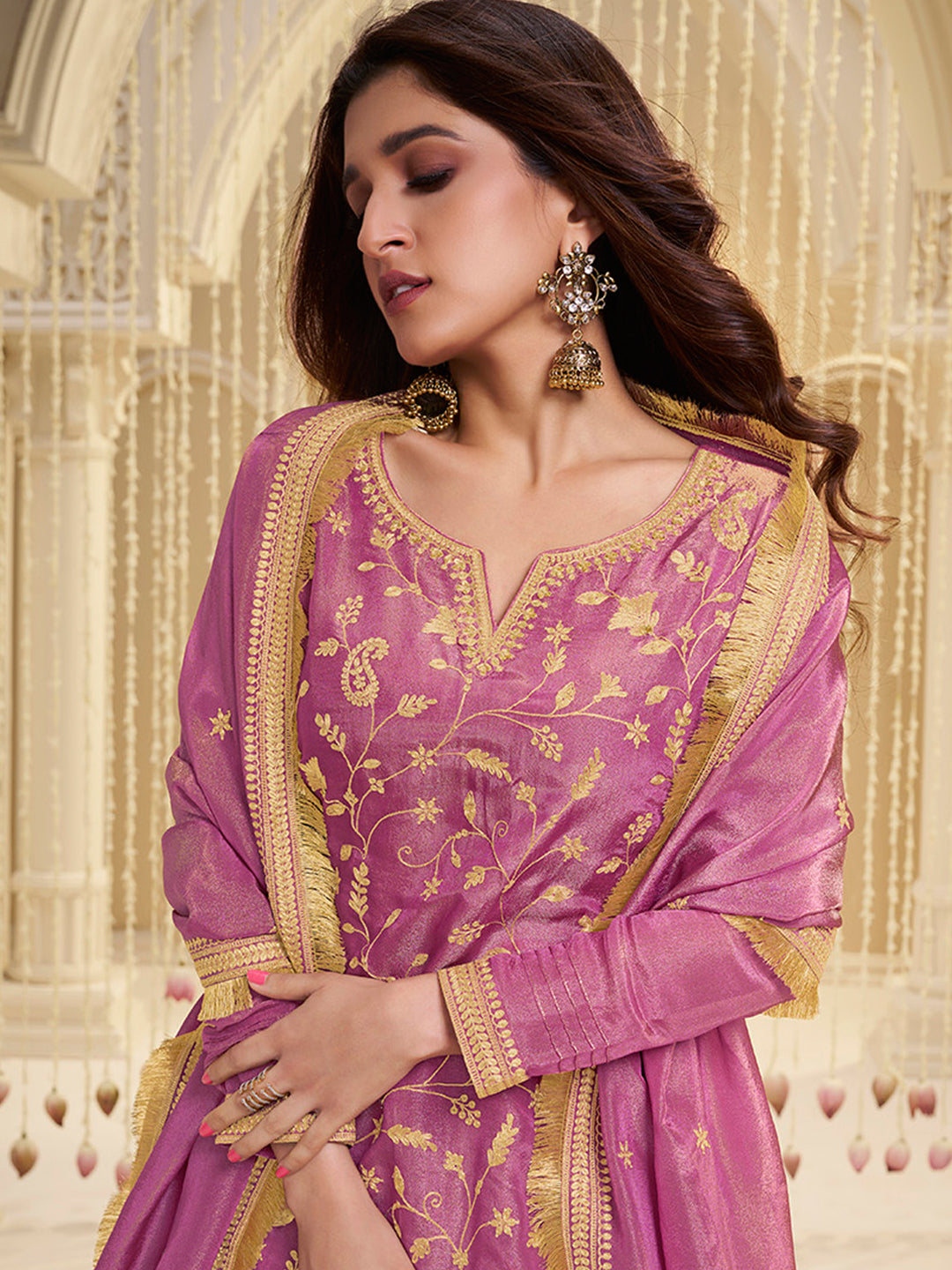 Lavender tissue sharara suit with pitta embroidery and jacquard weave