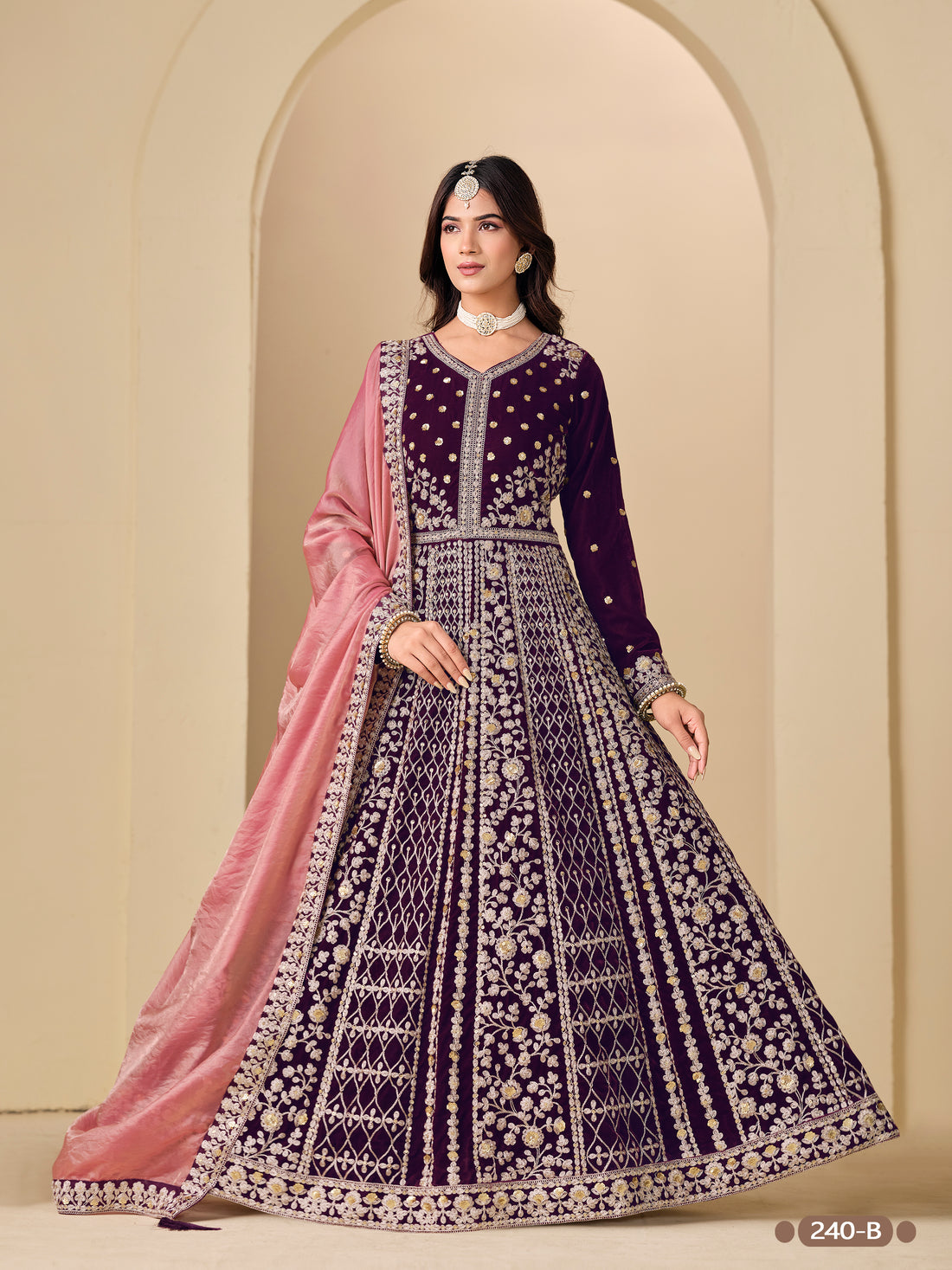 Purple Pure Soft 9000 Velvet Heavy Embroidery Work Long Anarkali Gown 