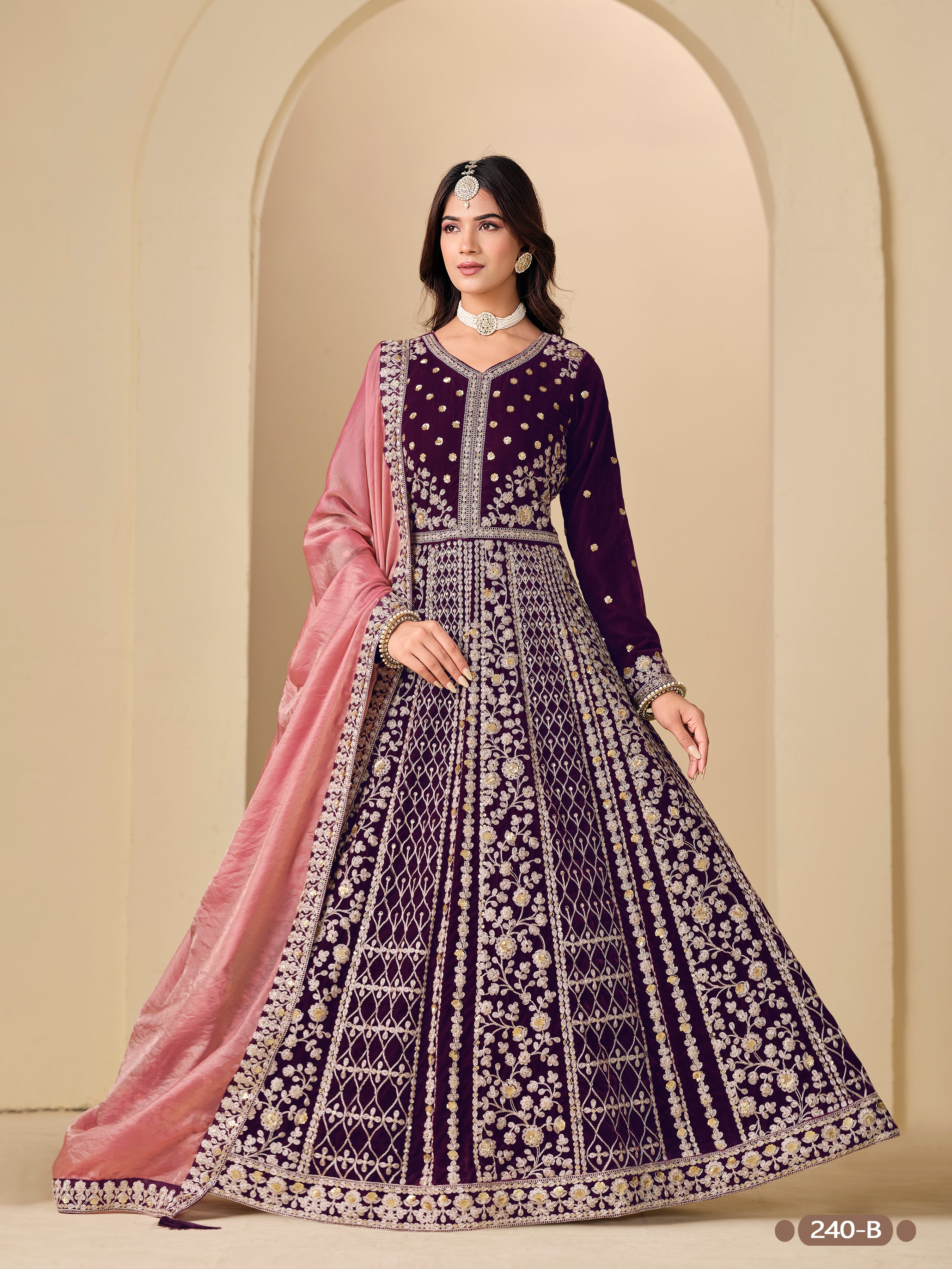 Purple Pure Soft 9000 Velvet Heavy Embroidery Work Long Anarkali Gown 