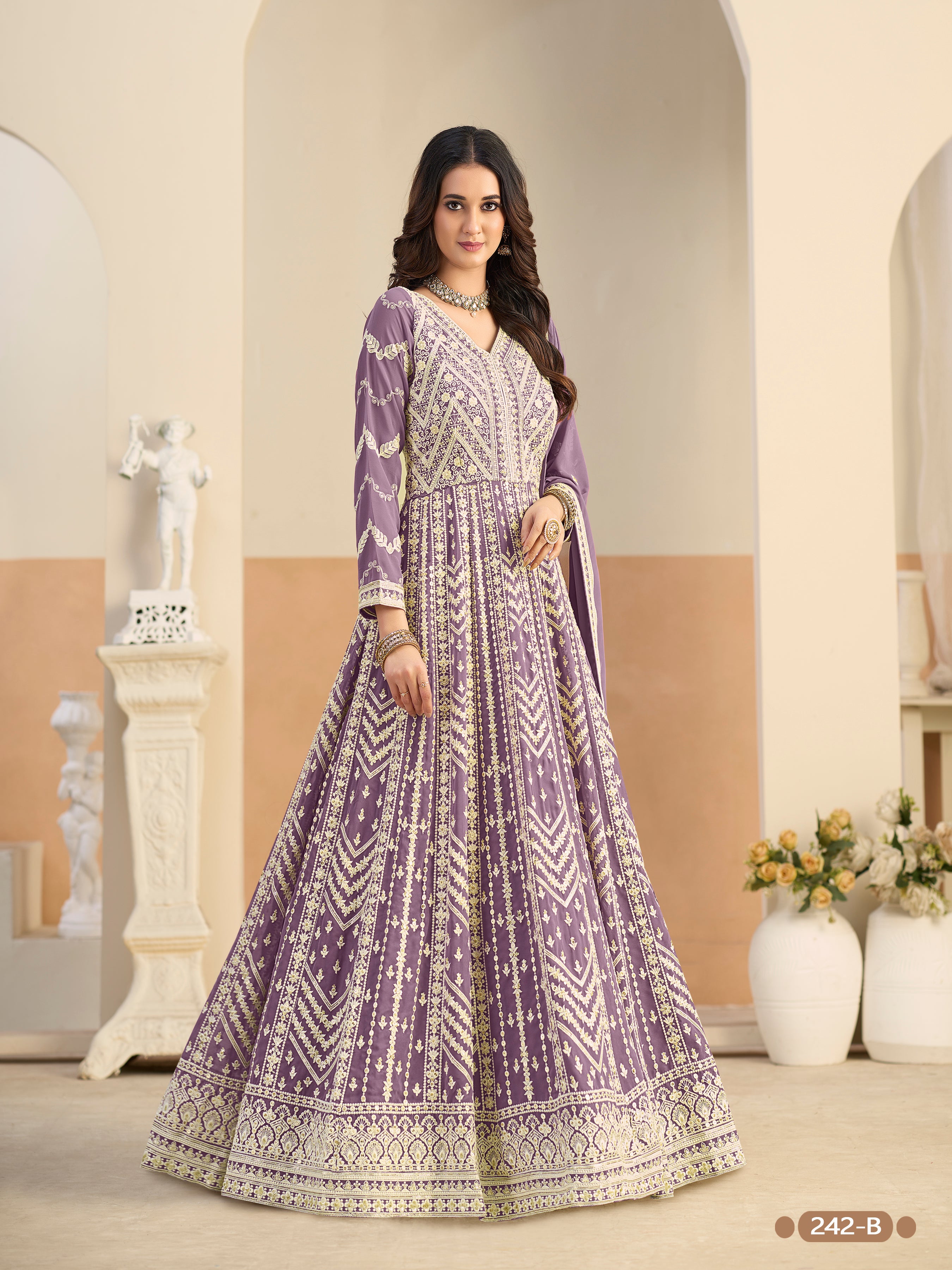 Pastle Purple Pure Soft Faux Georgette Heavy Embroidery Work Long Anarkali Gown 