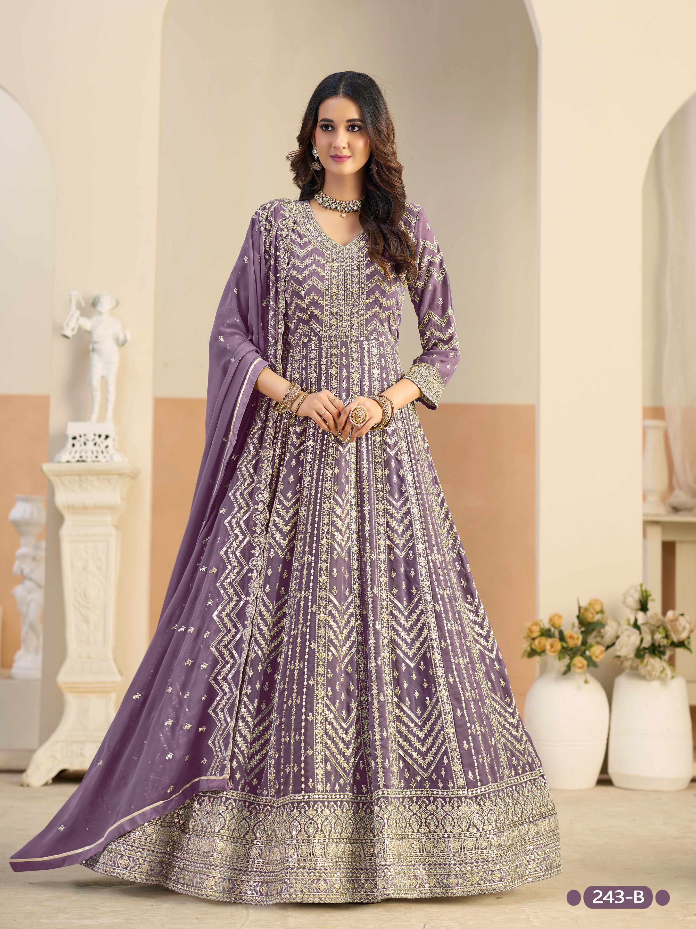 Pastle Purple Pure Soft Faux Georgette Heavy Embroidery Work Long Anarkali Gown ##color## Anarkali Gown with premium fabric and embroidery