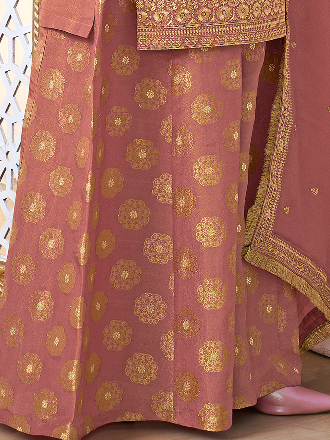 Dusty Rose Tissue Sharara Suit with Gold Pitta Work