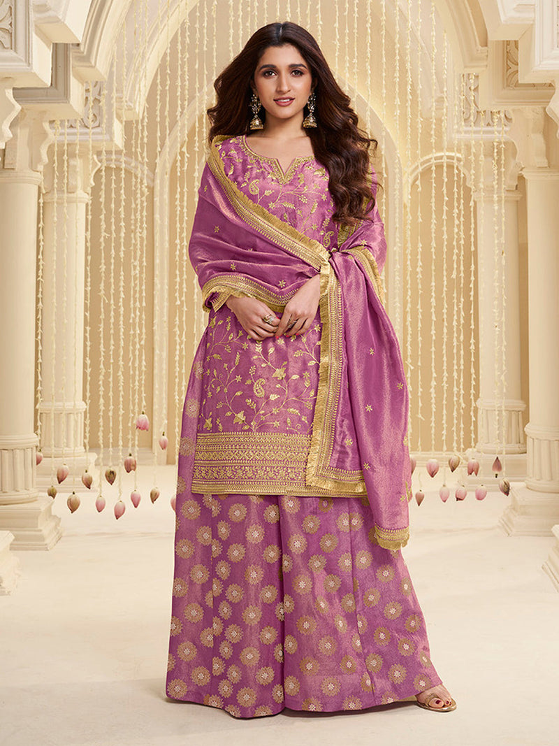 Lavender tissue sharara suit with pitta embroidery and jacquard weave