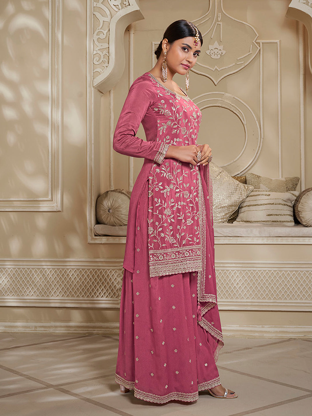 Festive Pink Kurta Sharara Outfit with Embroidery