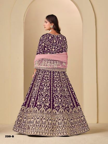 Purple Pure Soft 9000 Velvet Heavy Embroidery Work Long Anarkali Gown 