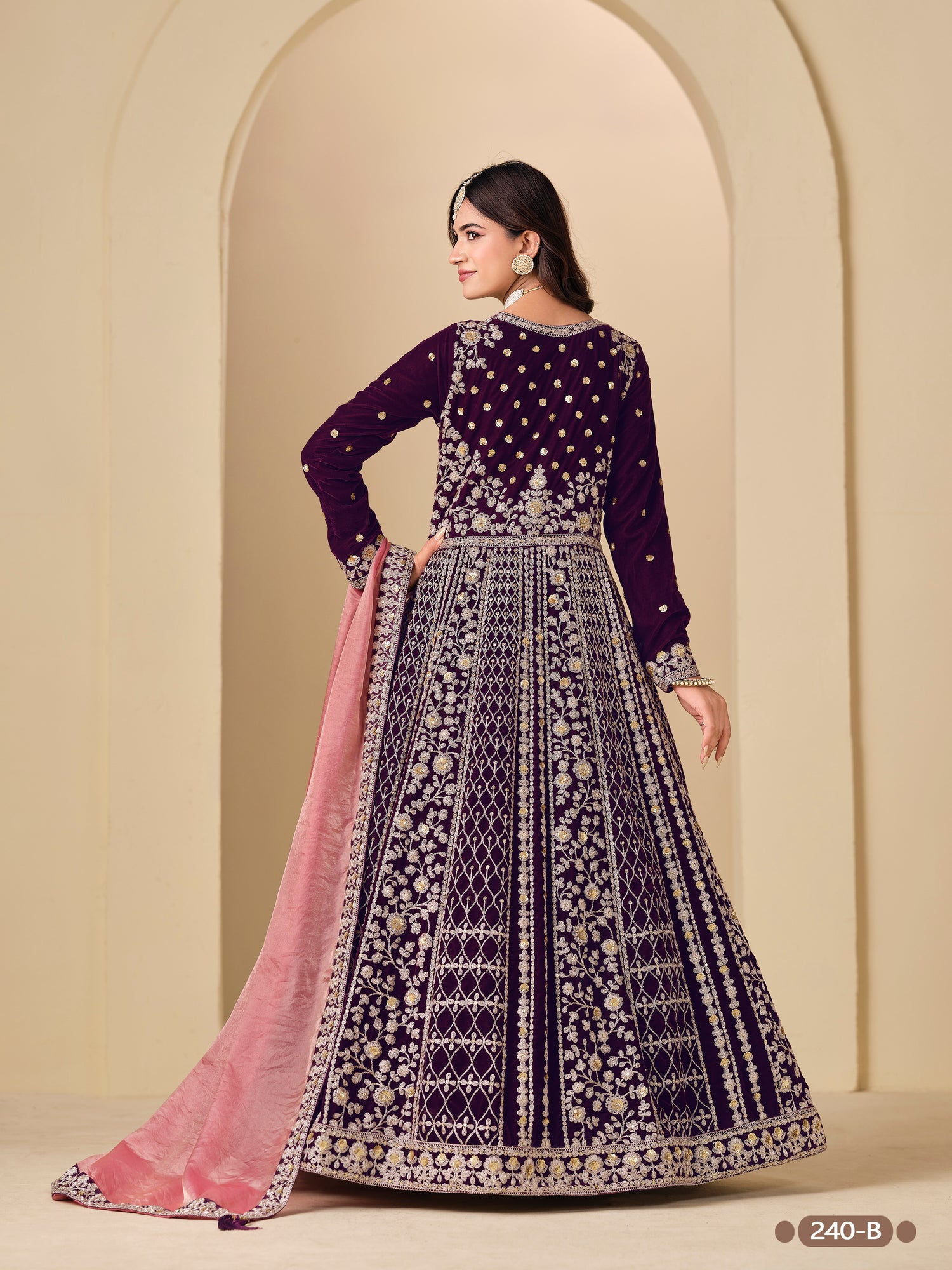 Purple Pure Soft 9000 Velvet Heavy Embroidery Work Long Anarkali Gown 