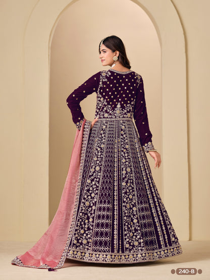 Purple Pure Soft 9000 Velvet Heavy Embroidery Work Long Anarkali Gown 