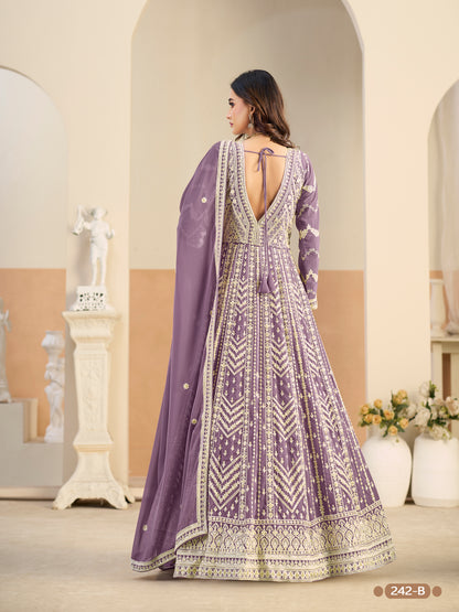 Pastle Purple Pure Soft Faux Georgette Heavy Embroidery Work Long Anarkali Gown 