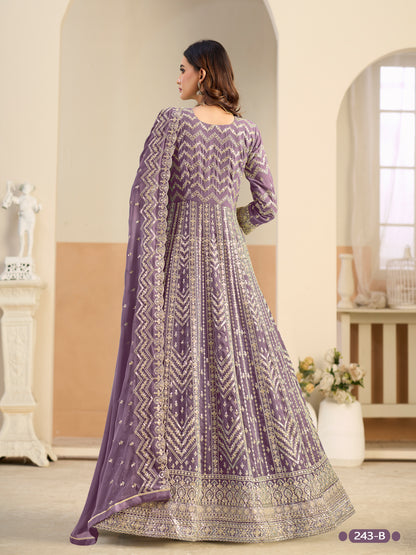 Pastle Purple Pure Soft Faux Georgette Heavy Embroidery Work Long Anarkali Gown 