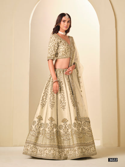 White Pure Soft Art Silk Heavy Embroidery Work Bridal Lehenga 