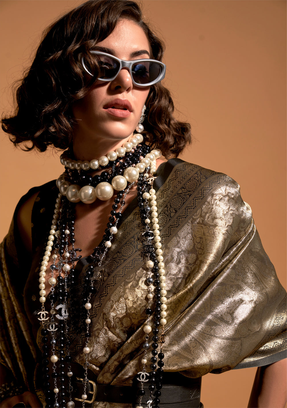 Silver Black and Brown Woven Kanjivaram Banarasi Silk Saree