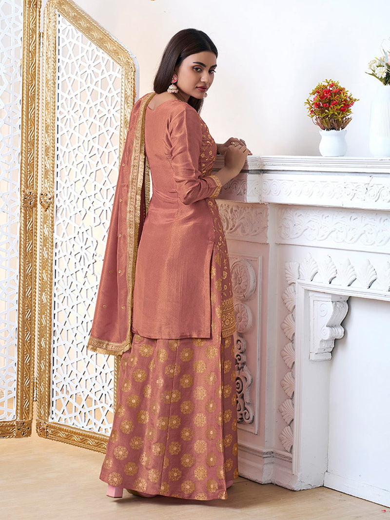 Full sleeve dusty rose kurta sharara with embroidered dupatta