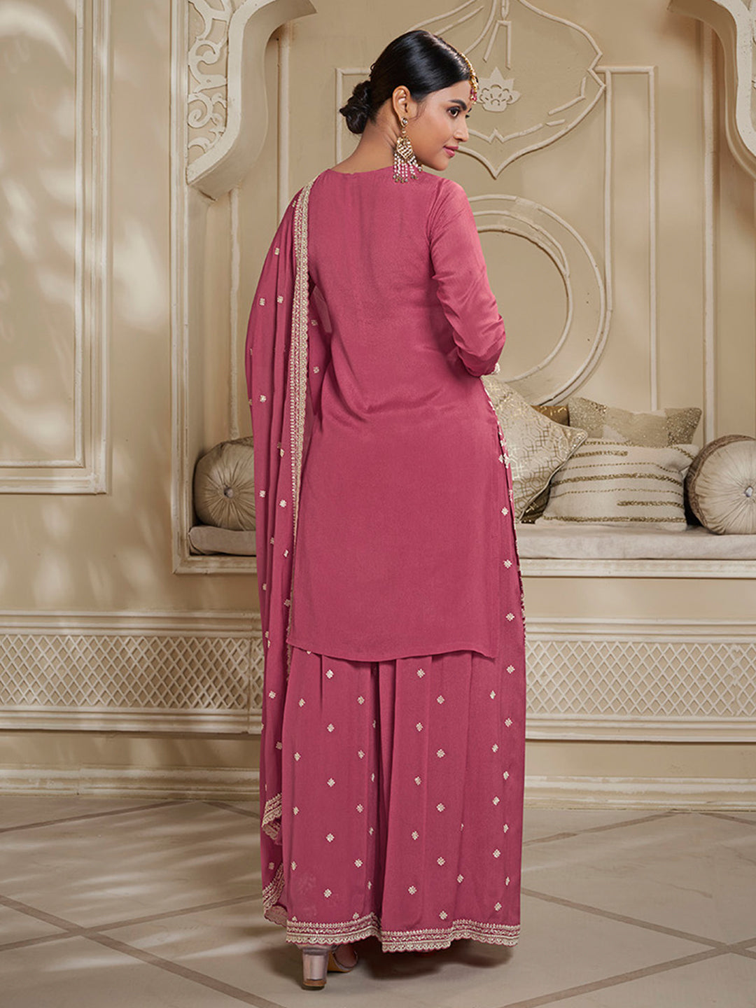 Pink Chinon Embroidered Kurta Sharara Suit with Dupatta