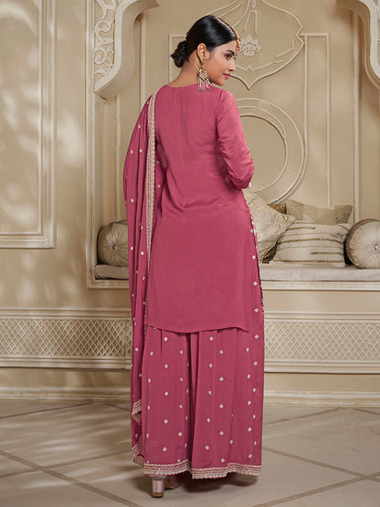 Pink Chinon Embroidered Kurta Sharara Suit with Dupatta