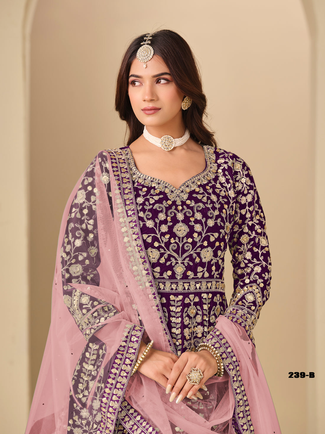 Purple Pure Soft 9000 Velvet Heavy Embroidery Work Long Anarkali Gown 