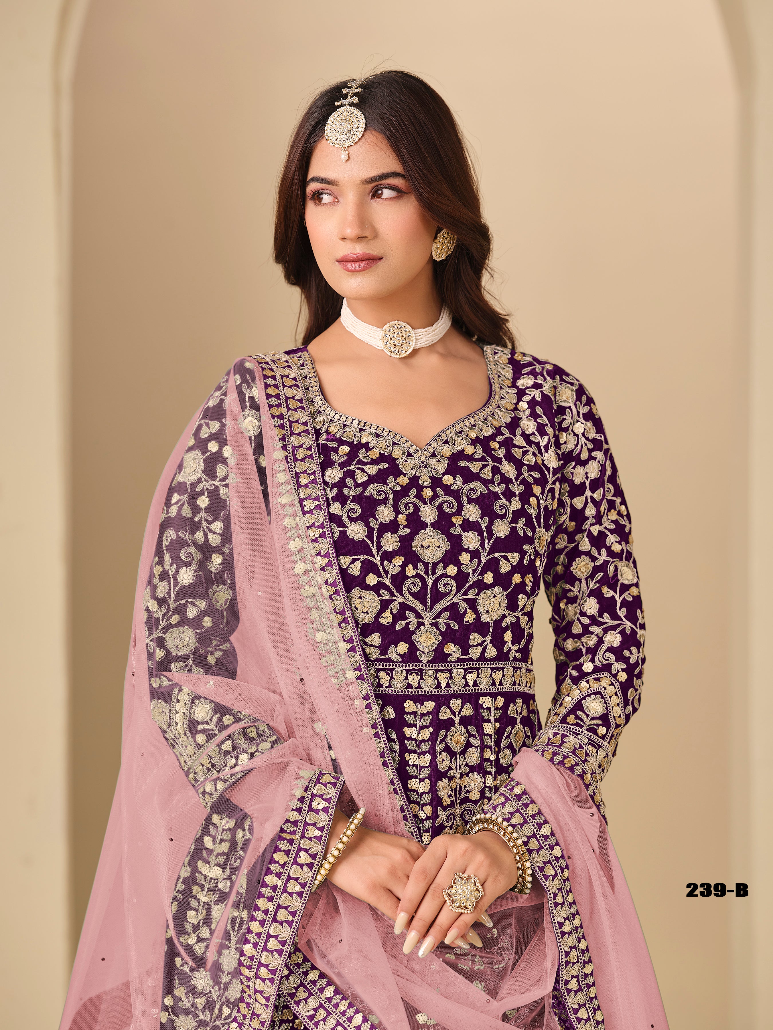 Purple Pure Soft 9000 Velvet Heavy Embroidery Work Long Anarkali Gown 
