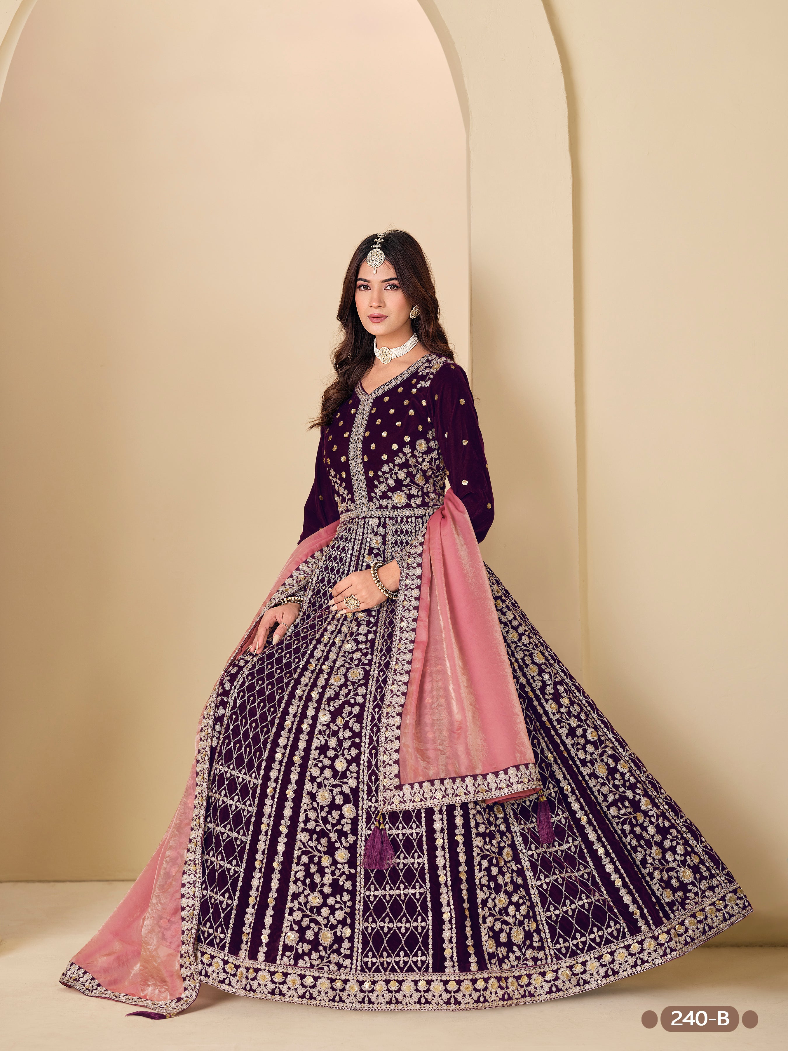 Purple Pure Soft 9000 Velvet Heavy Embroidery Work Long Anarkali Gown 