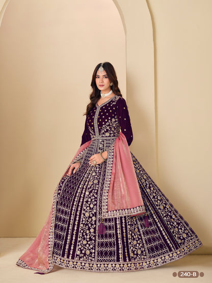 Purple Pure Soft 9000 Velvet Heavy Embroidery Work Long Anarkali Gown 