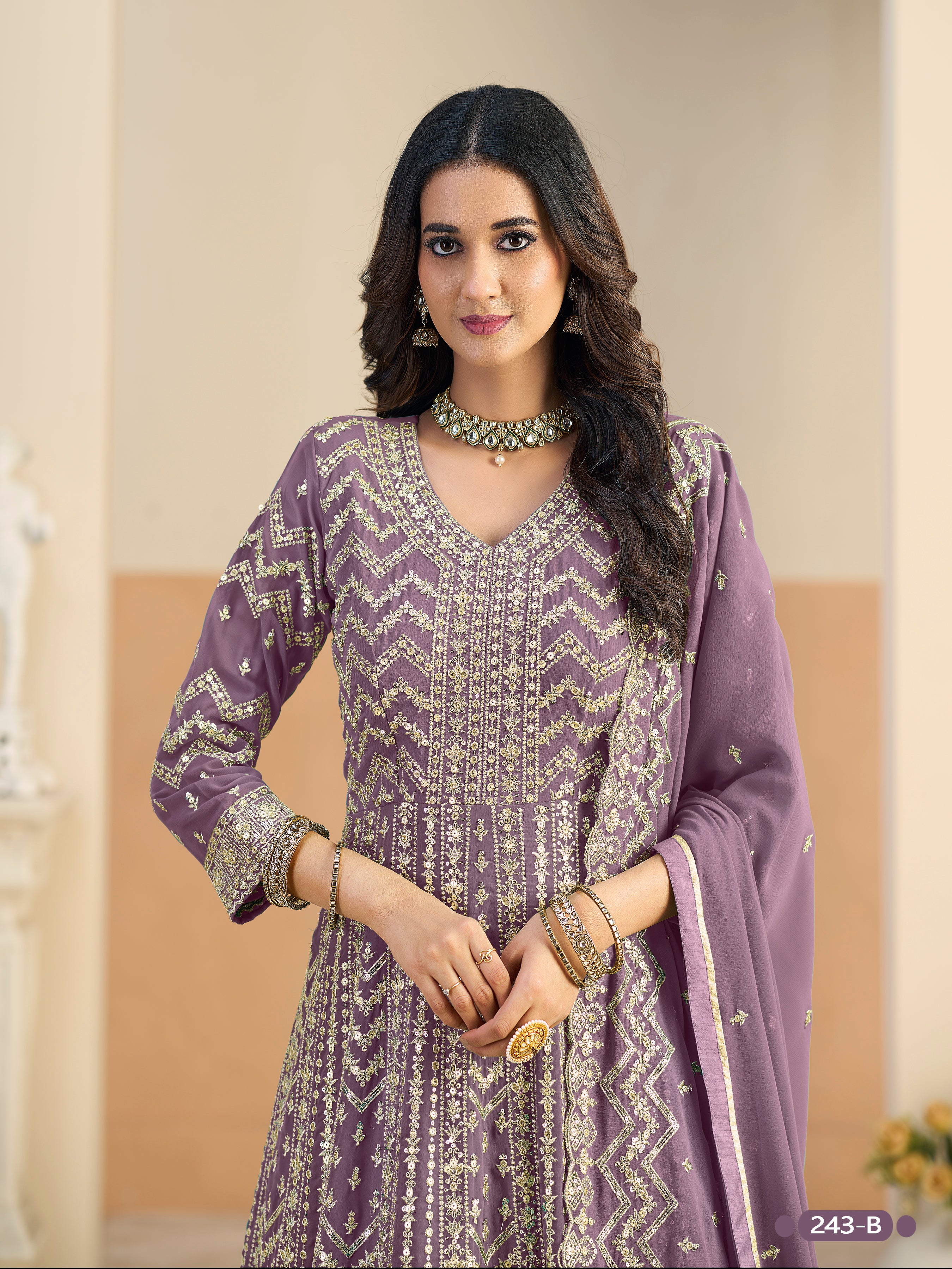 Pastle Purple Pure Soft Faux Georgette Heavy Embroidery Work Long Anarkali Gown 