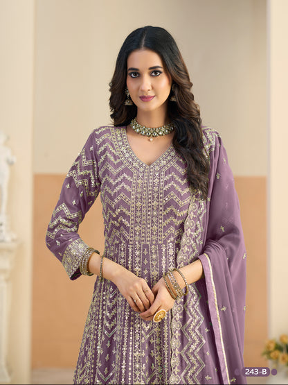Pastle Purple Pure Soft Faux Georgette Heavy Embroidery Work Long Anarkali Gown 