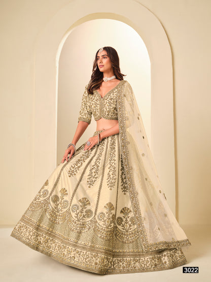 White Pure Soft Art Silk Heavy Embroidery Work Bridal Lehenga 