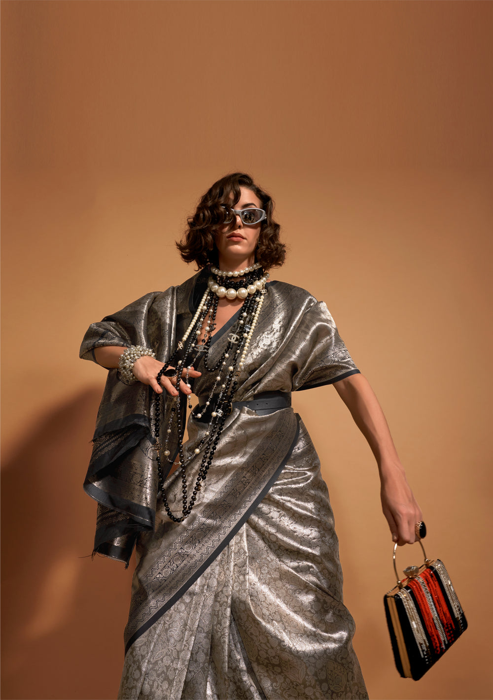 Silver Black and Brown Woven Kanjivaram Banarasi Silk Saree Kanjivaram Saree Anant Tex Exports Pvt.Ltd..
