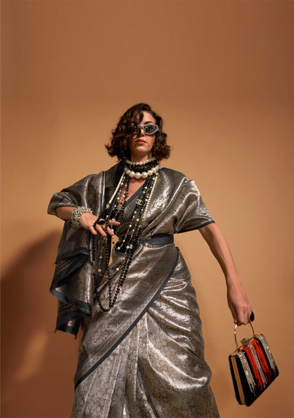 Silver Black and Brown Woven Kanjivaram Banarasi Silk Saree Kanjivaram Saree Anant Tex Exports Pvt.Ltd..