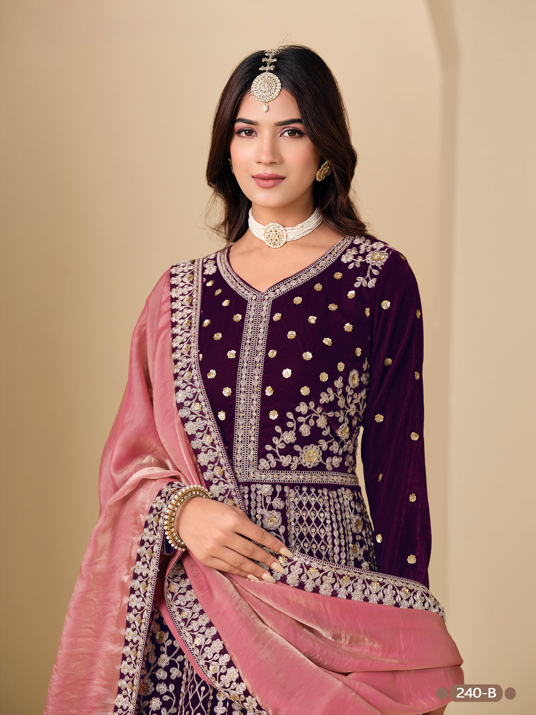 Purple Pure Soft 9000 Velvet Heavy Embroidery Work Long Anarkali Gown 