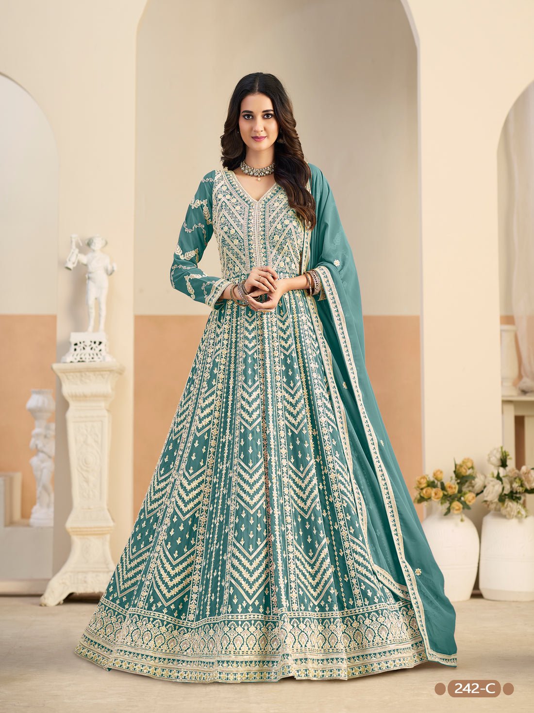Pastle Teal Pure Soft Faux Georgette Heavy Embroidery Work Long Anarkali Gown 