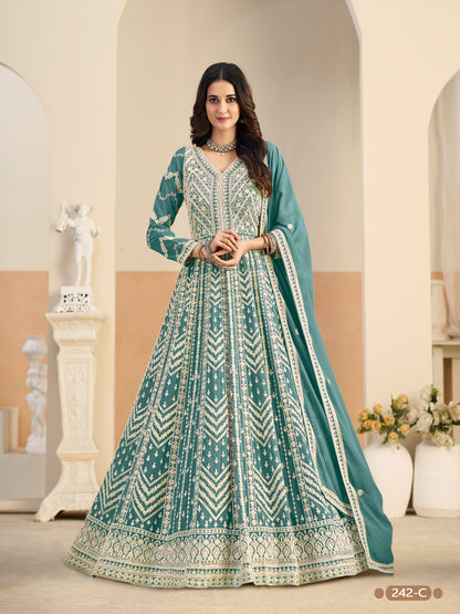 Pastle Teal Pure Soft Faux Georgette Heavy Embroidery Work Long Anarkali Gown 