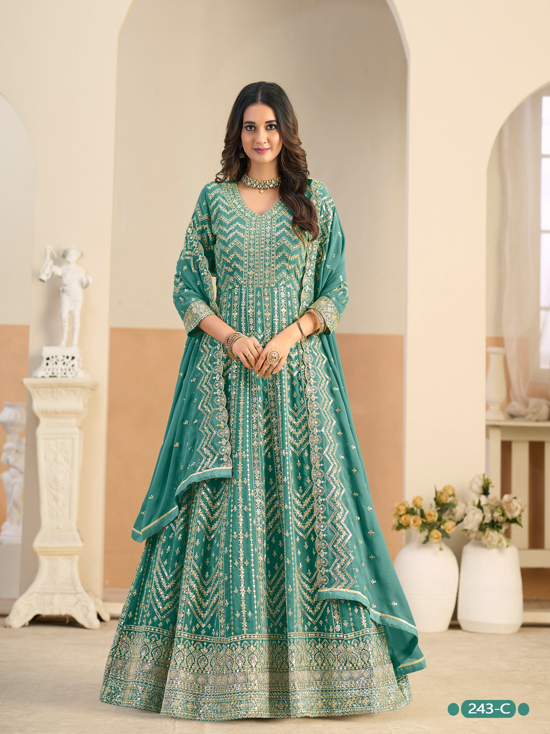 Pastle Teal Pure Soft Faux Georgette Heavy Embroidery Work Long Anarkali Gown 