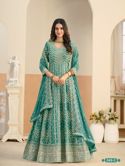 Pastle Teal Pure Soft Faux Georgette Heavy Embroidery Work Long Anarkali Gown 