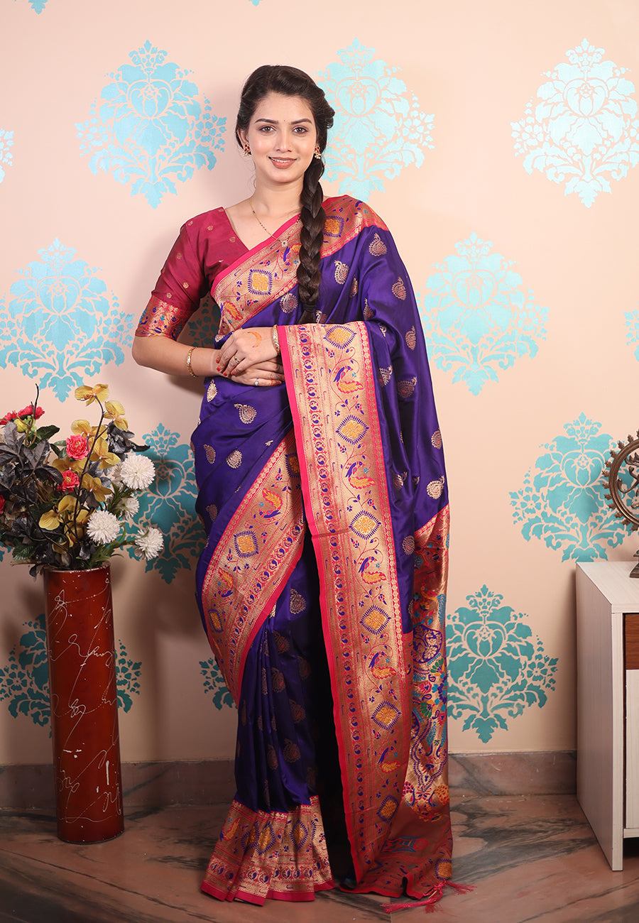 Violet Zari Woven Peacock Paithani Silk Saree