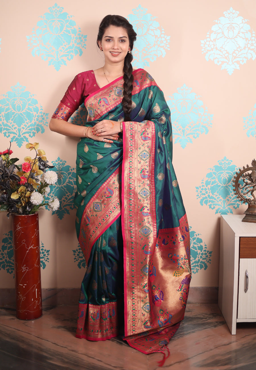 Green Zari Woven Peacock Paithani Silk Saree Paithani Saree Anant Tex Exports Pvt.Ltd..