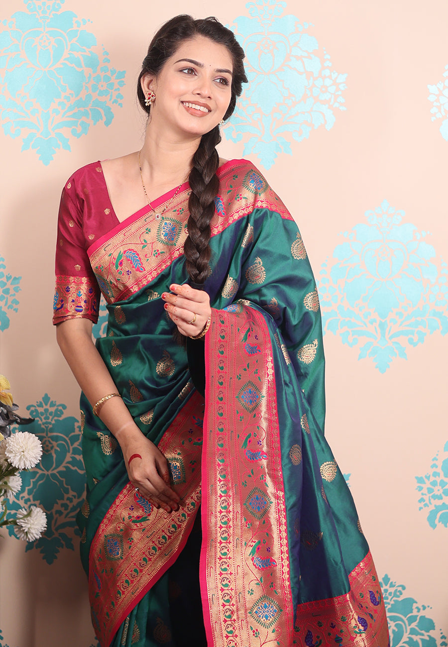 Green Zari Woven Peacock Paithani Silk Saree Paithani Saree Anant Tex Exports Pvt.Ltd..