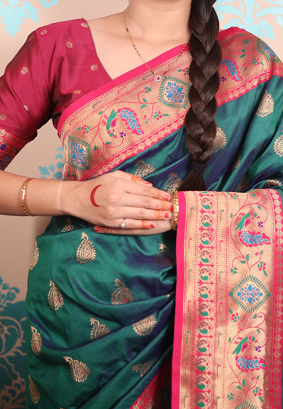 Green Zari Woven Peacock Paithani Silk Saree Paithani Saree Anant Tex Exports Pvt.Ltd..