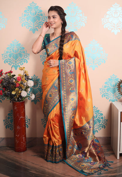 Orange Zari Woven Peacock Paithani Silk Saree Paithani Saree Anant Tex Exports Pvt.Ltd..