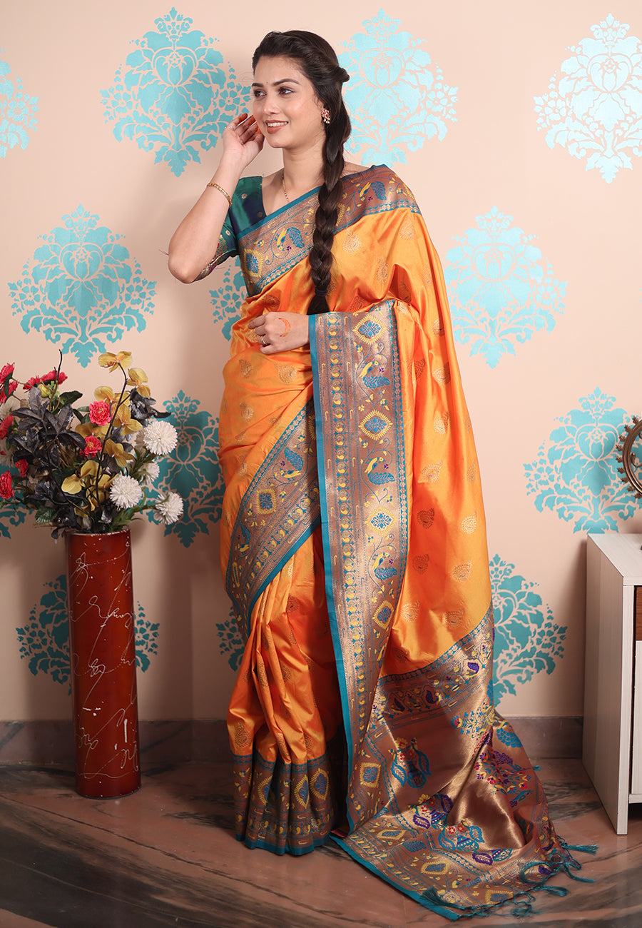 Orange Zari Woven Peacock Paithani Silk Saree