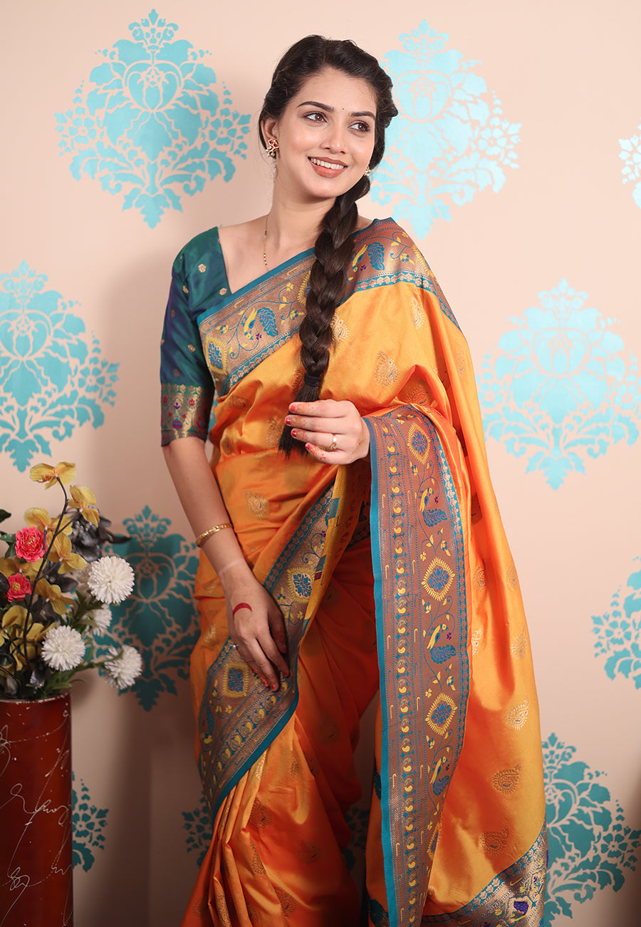 Orange Zari Woven Peacock Paithani Silk Saree