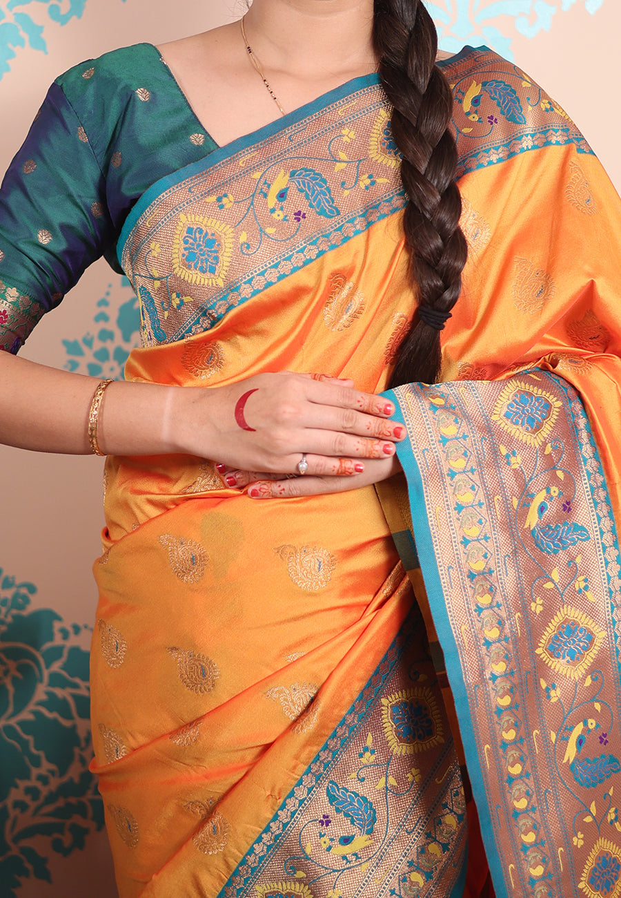 Orange Zari Woven Peacock Paithani Silk Saree