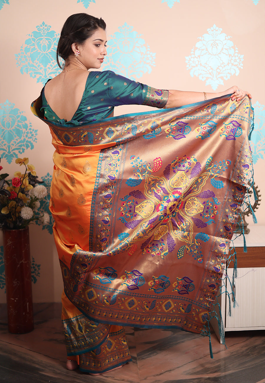 Orange Zari Woven Peacock Paithani Silk Saree
