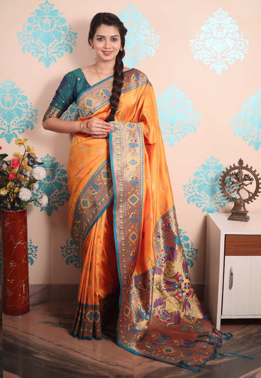 Orange Zari Woven Peacock Paithani Silk Saree