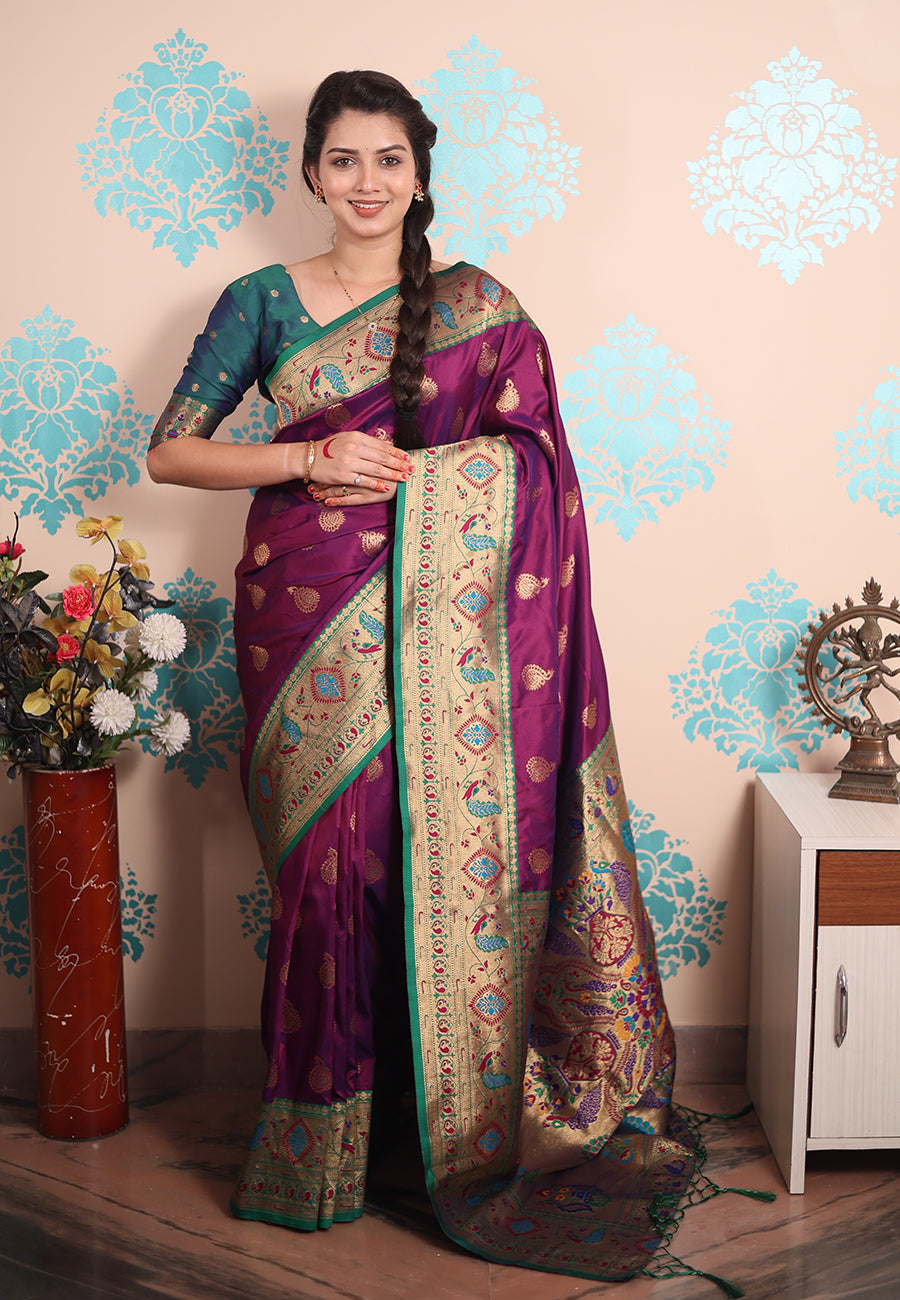 Purple Zari Woven Peacock Paithani Silk Saree Paithani Saree Anant Tex Exports Pvt.Ltd..