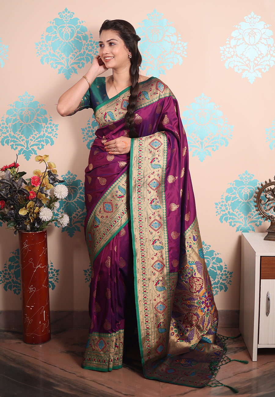 Purple Zari Woven Peacock Paithani Silk Saree Paithani Saree Anant Tex Exports Pvt.Ltd..