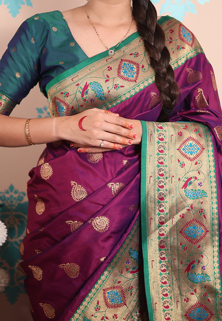 Purple Zari Woven Peacock Paithani Silk Saree