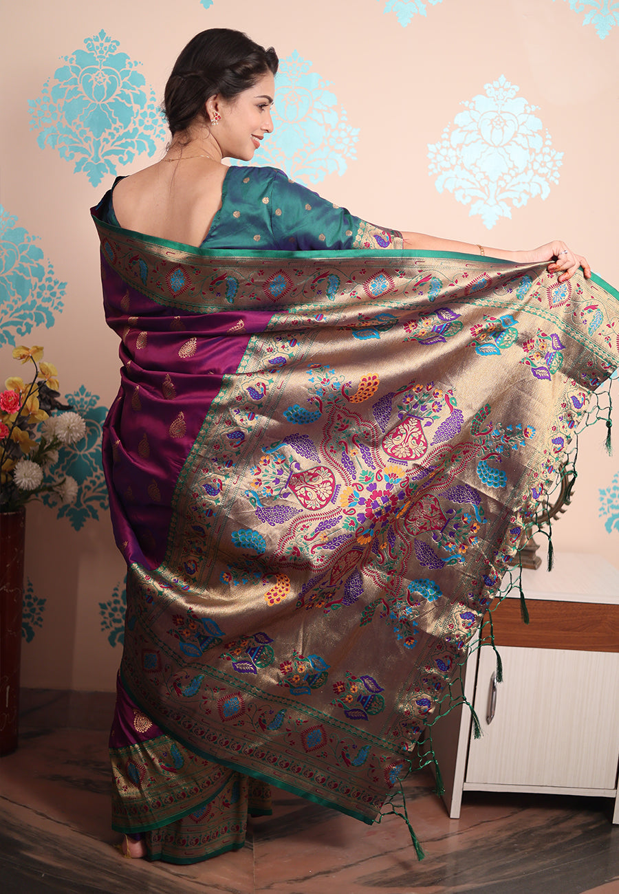 Purple Zari Woven Peacock Paithani Silk Saree