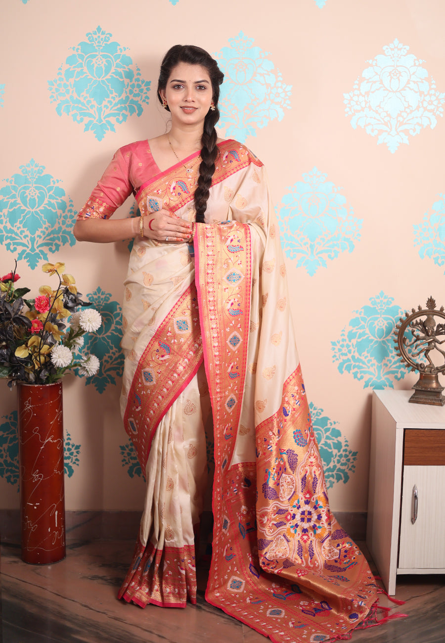 Cream Zari Woven Peacock Paithani Silk Saree